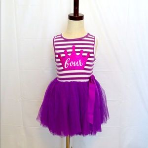 Purple and white striped fourth birthday dress